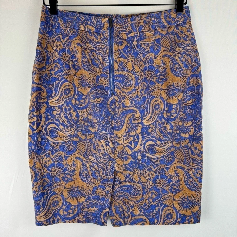 LOFT Pencil Skirt Brown & Blue Batik Floral Paisley Print Stretch Size 4 Office